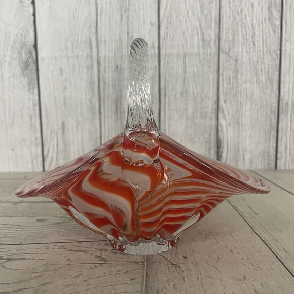 Red / White / Clear Striped Murano Glass Basket w/ Twisted Handle - Picture 3 of 8